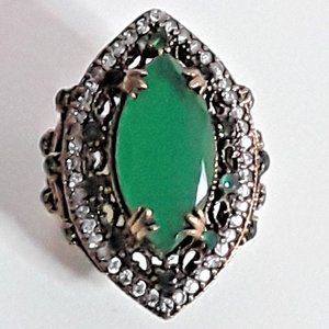 Vintage Victorian Inspired Large Chrysoprase & Crystals Statement Ring